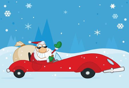 Jolly Christmas Santa Waving And Driving His Convertible Red Sports Car In The Snowのイラスト素材