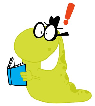 Green Worm Reading A Blue Book, Getting An Idea, Expressed As An Exclamation Pointのイラスト素材