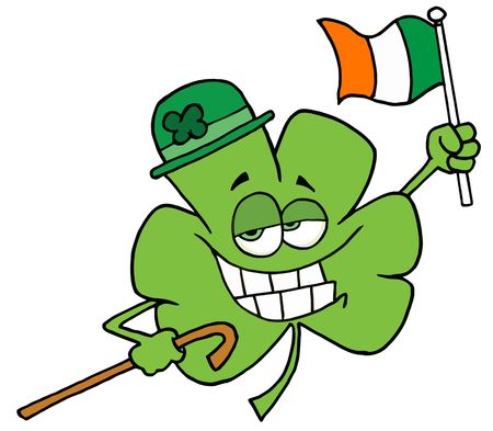 Clover Character Wearing A Green Hat, Holding A Cane And A Flag While Celebrating St Patrick's Dayのイラスト素材