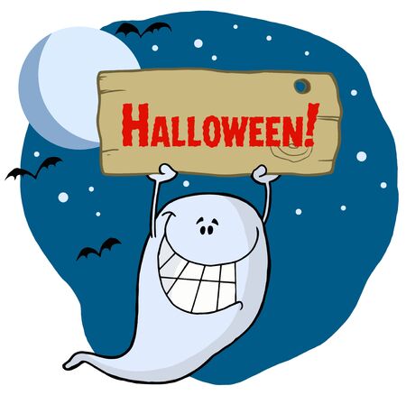 Ghost Holding Up A Wooden Halloween Signのイラスト素材