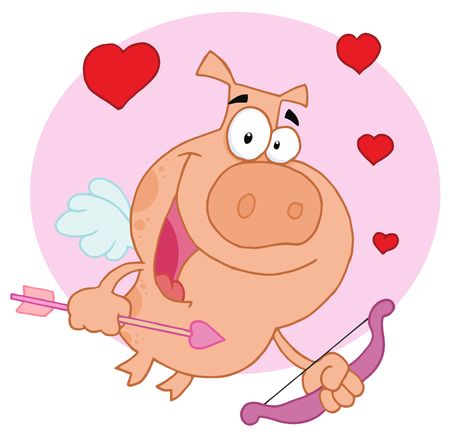 Cupid pig flying with hearts in pink circleのイラスト素材