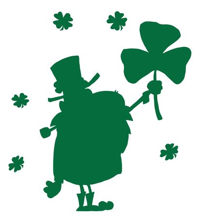 Silhouetted Green Male Leprechaun Holding Up A Cloverのイラスト素材