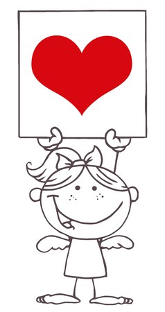Outlined Female Stick Cupid Holding A Red Heart Sign のイラスト素材