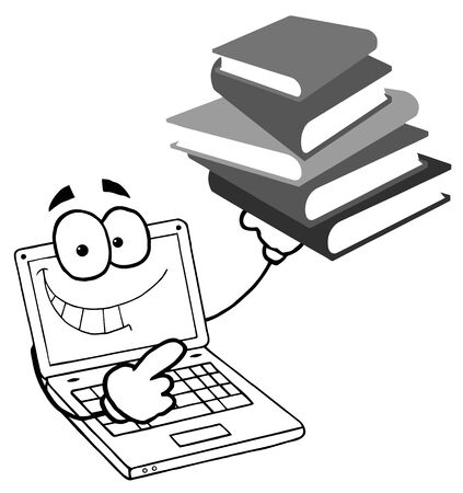 Black And White Laptop Guy Holding a Stack of Books のイラスト素材