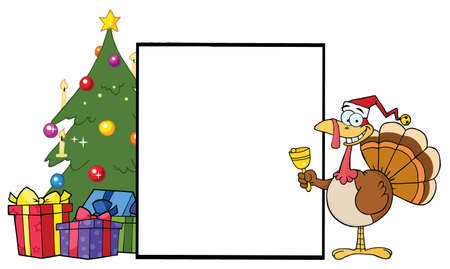Turkey Cartoon Character Ringing A Bell Presenting A Blank Sign With Christmas Treeのイラスト素材