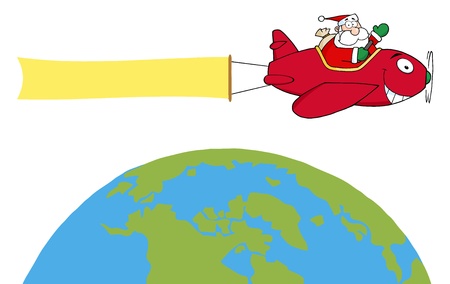 Santa Flying A Plane Banner Over The Globeのイラスト素材