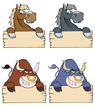 Bull And Horse Looking Over A Blank Wood Sign-Raster Collectionのイラスト素材