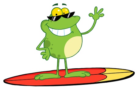 Happy Frog Cartoon Character While Surfing のイラスト素材