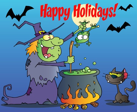 Happy Holidays Greeting Over A Witch With Black Cat Holding A Frog And Preparing A Potionのイラスト素材