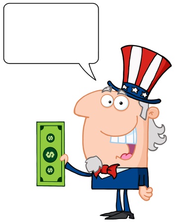 Uncle Sam With Holding A Dollar Bill With Speech Bubbleのイラスト素材