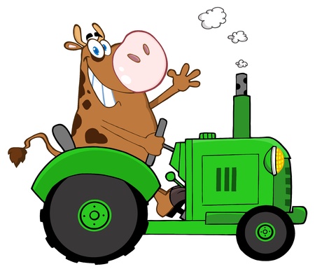 Happy Brown Cow Farmer In Red Tractor Waving A Greetingのイラスト素材