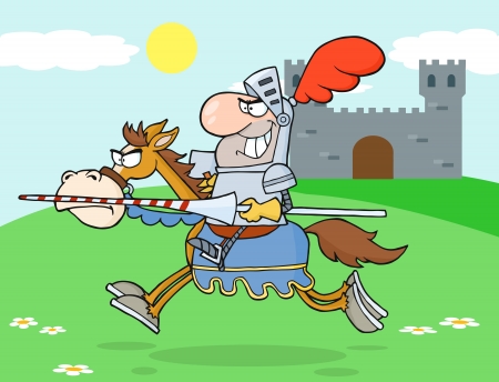 Knight Riding Horse In The background Of Medieval Castleのイラスト素材