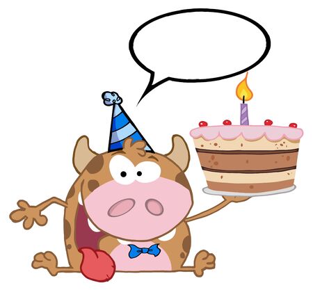 Happy Calf Cartoon Character Holds Birthday Cake And Speech Bubbleのイラスト素材