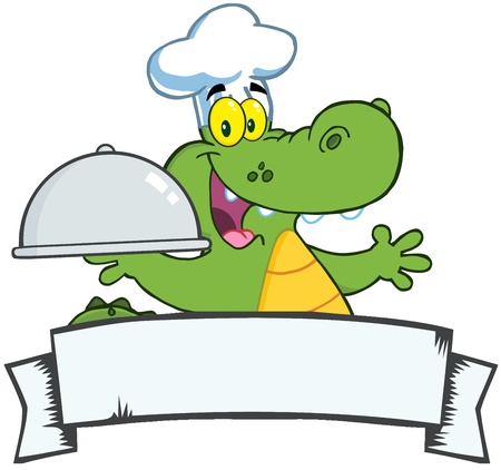 Happy Crocodile Chef Holding A Platter Over A Blank Bannerのイラスト素材