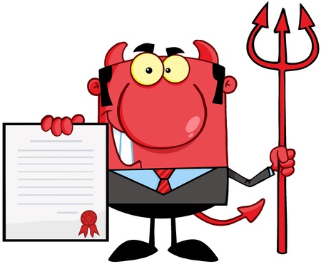 Smiling Devil Boss With A Trident Holds Up A Contractのイラスト素材