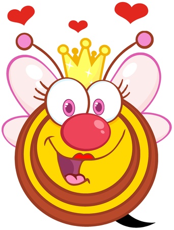 Happy Queen Bee Cartoon Mascot Character With Heartsのイラスト素材