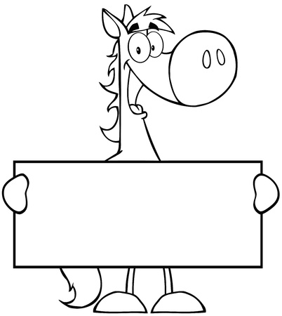 Outlined Horse Cartoon Mascot Character Holding A Bannerのイラスト素材