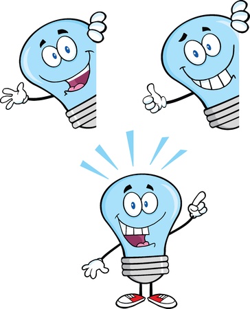 Blue Light Bulb Cartoon Characters  Setのイラスト素材