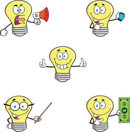 Yellow Light Bulb Cartoon Characters  Setのイラスト素材
