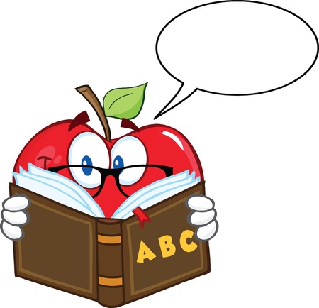 Smiling Apple Teacher Character Reading A Book With Speech Bubbleのイラスト素材