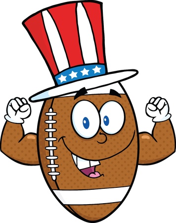 American Football Ball Cartoon Character With Patriotic Hat Showing Muscle Armsのイラスト素材