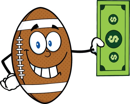 Smiling American Football Ball Cartoon Character Showing A Dollar Billのイラスト素材