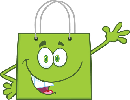 Smiling Green Shopping Bag Cartoon Mascot Character Waving For Greetingのイラスト素材