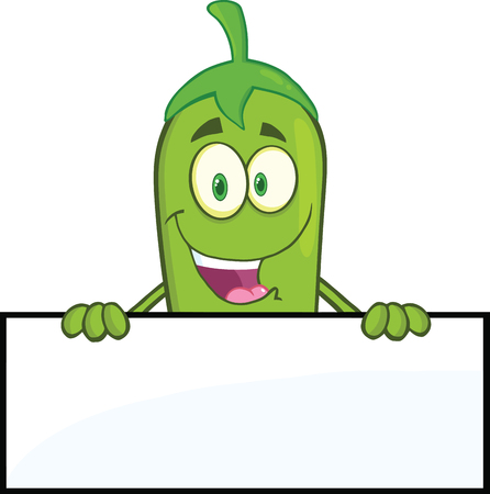 Smiling Green Chili Pepper Cartoon Mascot Character Over Blank Signのイラスト素材