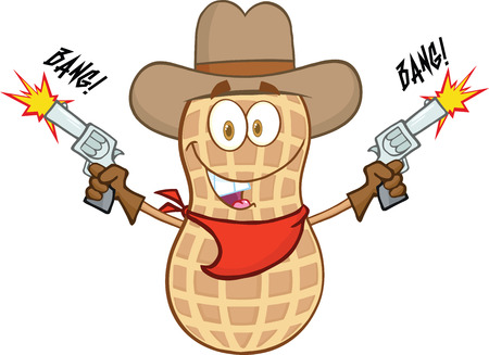 Smiling Peanut Cowboy Cartoon Mascot Character With Guns And Shootingのイラスト素材