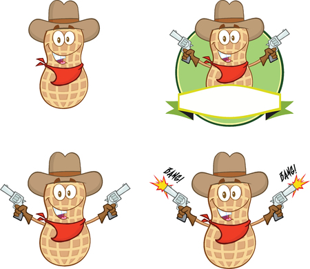 Peanut Cowboy Cartoon Mascot Character With Guns  Collection Setのイラスト素材