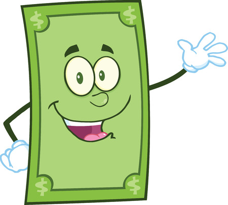 Smiling Dollar Cartoon Character Waving For Greeting  llustration Isolated on whiteのイラスト素材