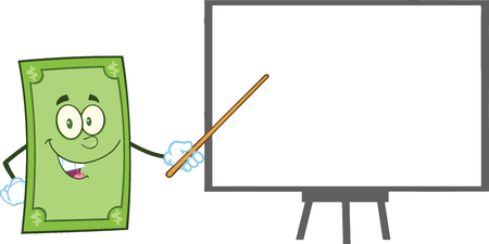 Smiling Dollar Cartoon Character With Pointer Presenting On A Board  Illustration Isolated on whiteのイラスト素材