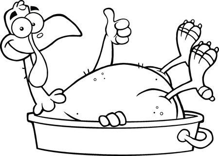 Black And White Turkey Bird Character In The Pan Giving A Thumb Up  Illustration Isolated on whiteのイラスト素材