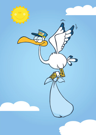 Cute Cartoon Stork Delivery A Baby Boy In The Skyのイラスト素材