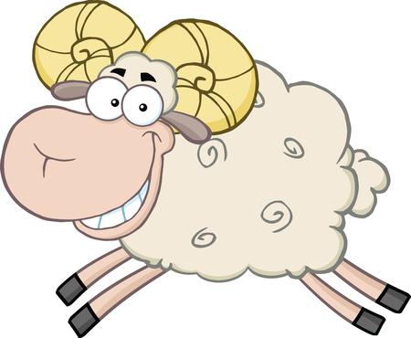 Smiling Ram Sheep Cartoon Mascot Character Jumping  Illustration Isolated on whiteのイラスト素材