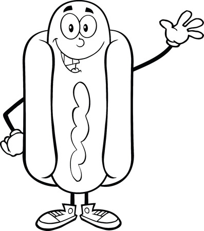 Black And White Happy Hot Dog Cartoon Mascot Character Wavingの素材  [FY31025637247], حجم الصورة 397x450