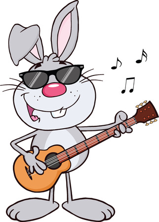 Funny Gray Rabbit With Sunglasses Playing A Guitar And Singing  Illustration Isolated on whiteのイラスト素材