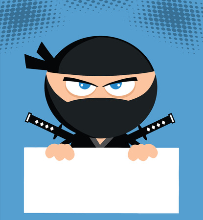 Angry Ninja Cartoon Character Over Blank Sign Flat Designのイラスト素材