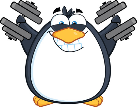 Smiling Penguin Cartoon Mascot Character Training With Dumbbellsのイラスト素材