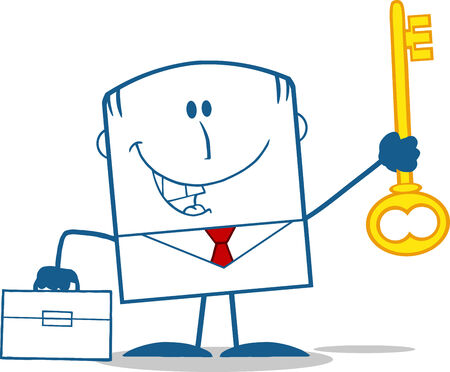 Happy Businessman With Briefcase Holding A Golden Key Monochrome Cartoon Character のイラスト素材