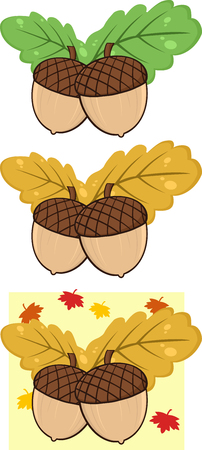 Acorn With Oak Leaves Cartoon Illustrations . Collection Setのイラスト素材