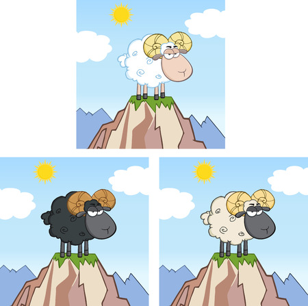 Goat Ram Sheep Cartoon Mascot Character On Top Of A Mountain. Collection Setのイラスト素材
