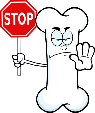 Angry Bone Cartoon Mascot Character Holding A Stop Sign. Illustration Isolated On White Backgroundのイラスト素材