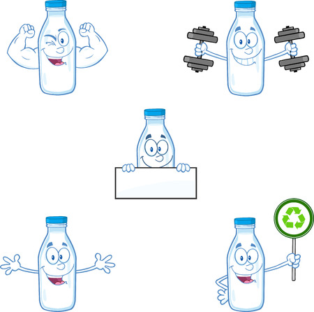 Milk Bottle Cartoon Mascot Character In Different Poses 3. Collection Setのイラスト素材