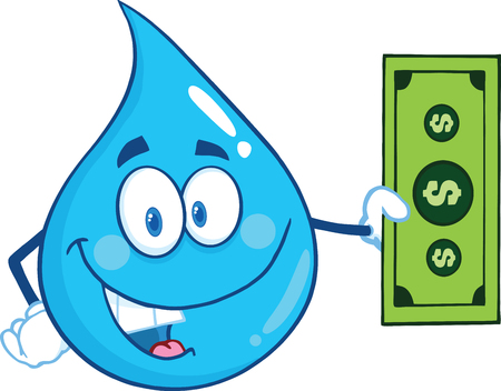 Water Drop Character Showing A Dollar Bill. Illustration Isolated On White Backgroundのイラスト素材