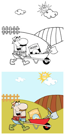 Cartoon Gardener Drives A Barrow With Tools. Collection Setのイラスト素材