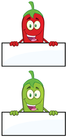 Smiling Chili Pepper Cartoon Mascot Character Over Blank Sign. Collection Setのイラスト素材