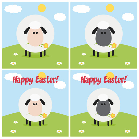 Sheep With Flower Modern Flat Design. Collection Setのイラスト素材