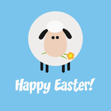 Funny White Sheep With A Flower Modern Flat Design Easter Cardのイラスト素材