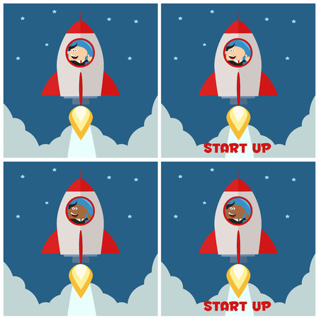 Manager Launching A Rocket To The Sky And Giving Thumb Up. Flat Style Collection Setのイラスト素材